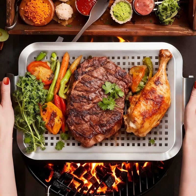 BaokiTook Grill Pan Set of 2, Grill Topper for Outdoor Grill, Stainless Steel Roasting Basket with Handles, Perforated Grill Tray for Smoker Roasting, Oven, BBQ Accessories(2 Small) - Image 2
